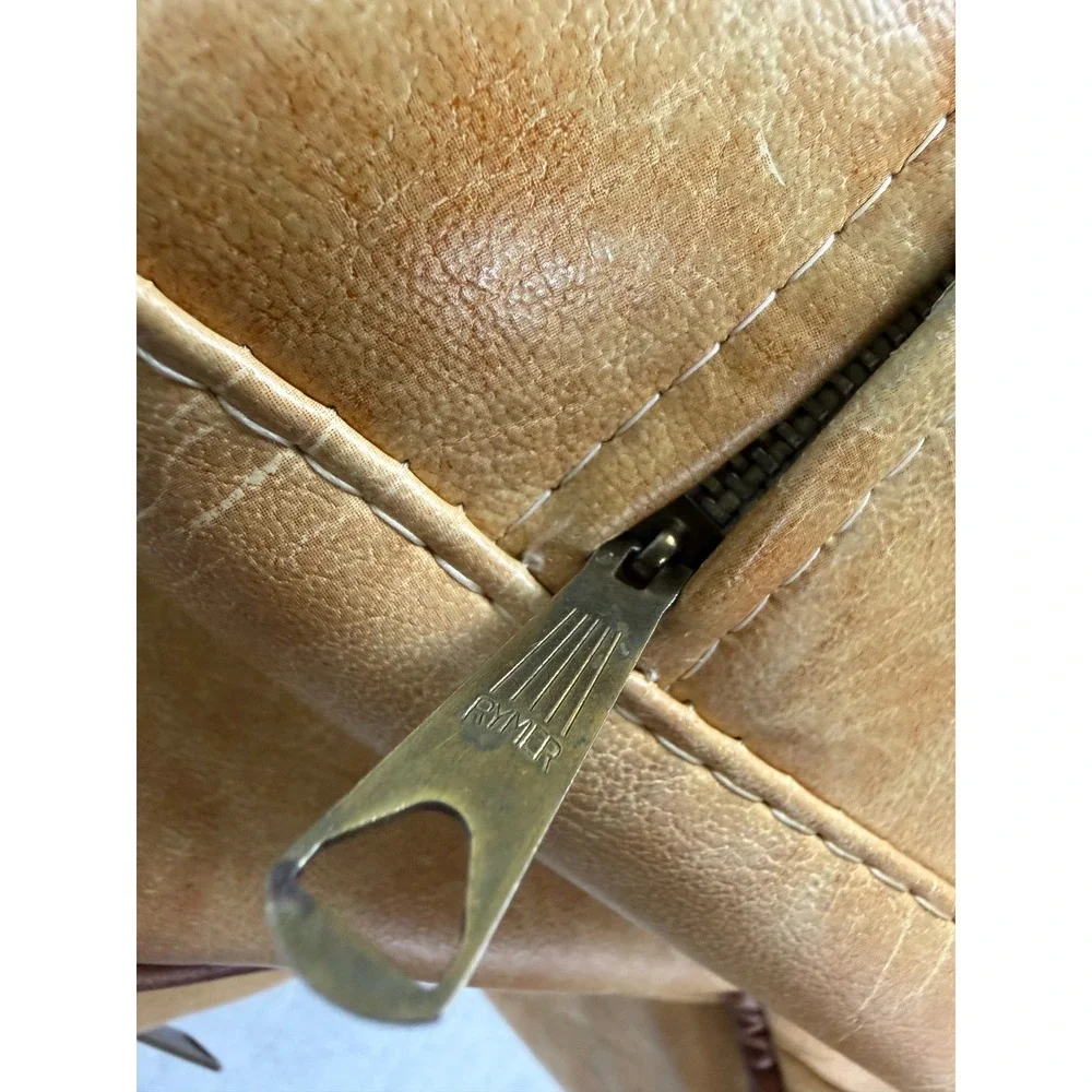 Vintage 60s Duffel Bag Tan Faux Leather Weekender Travel Luggage Brown Trim